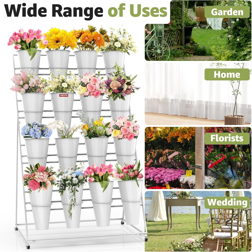 4 Layers Flower Display Stand with Buckets, 16 PCS Buckets Plant Stand with W...