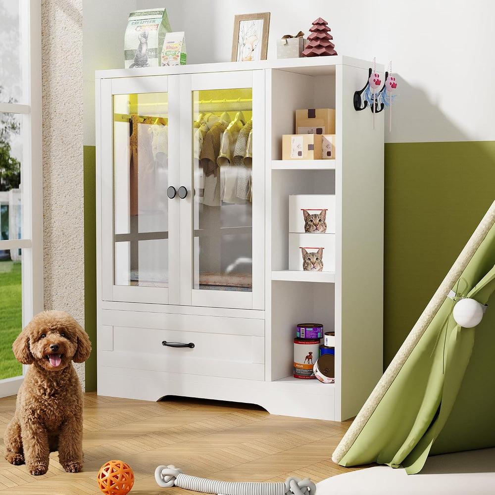 Pet Wardrobe Cabinet, Dog Clothes Closet with RGB LED, Acrylic Door & Dra...