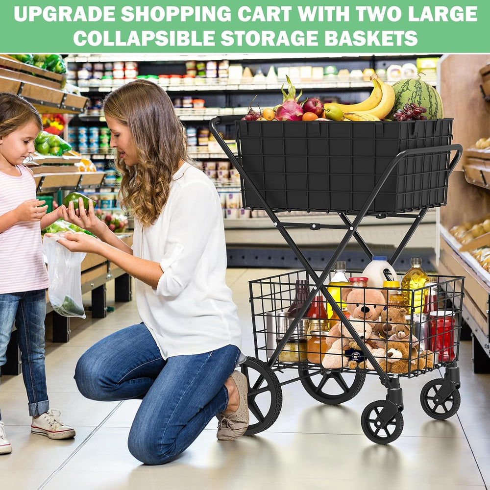 𝐍𝐄𝐖 2-Tier Large Collapsible Grocery Cart On Wheels 400lbs Shopping Cart