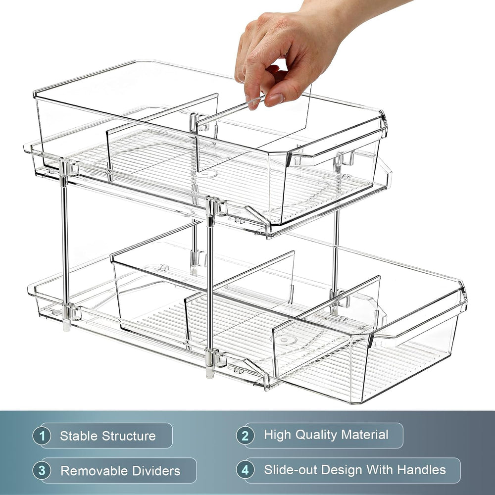 2 Set, 2 Tier Clear Organizer with Dividers for Cabinet, Shlef, Counter - Mul...