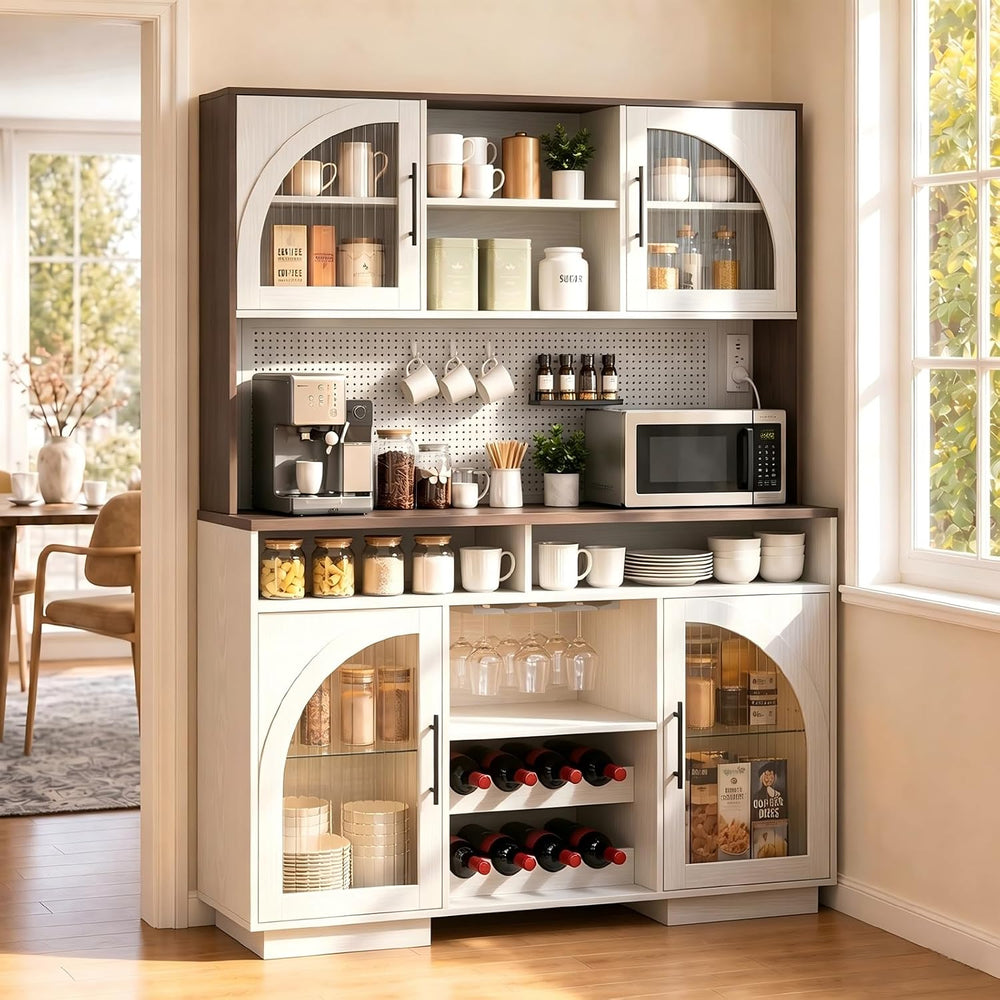 71" Tall Pantry Cabinet with Charging Station, LED Lights & Microwav...