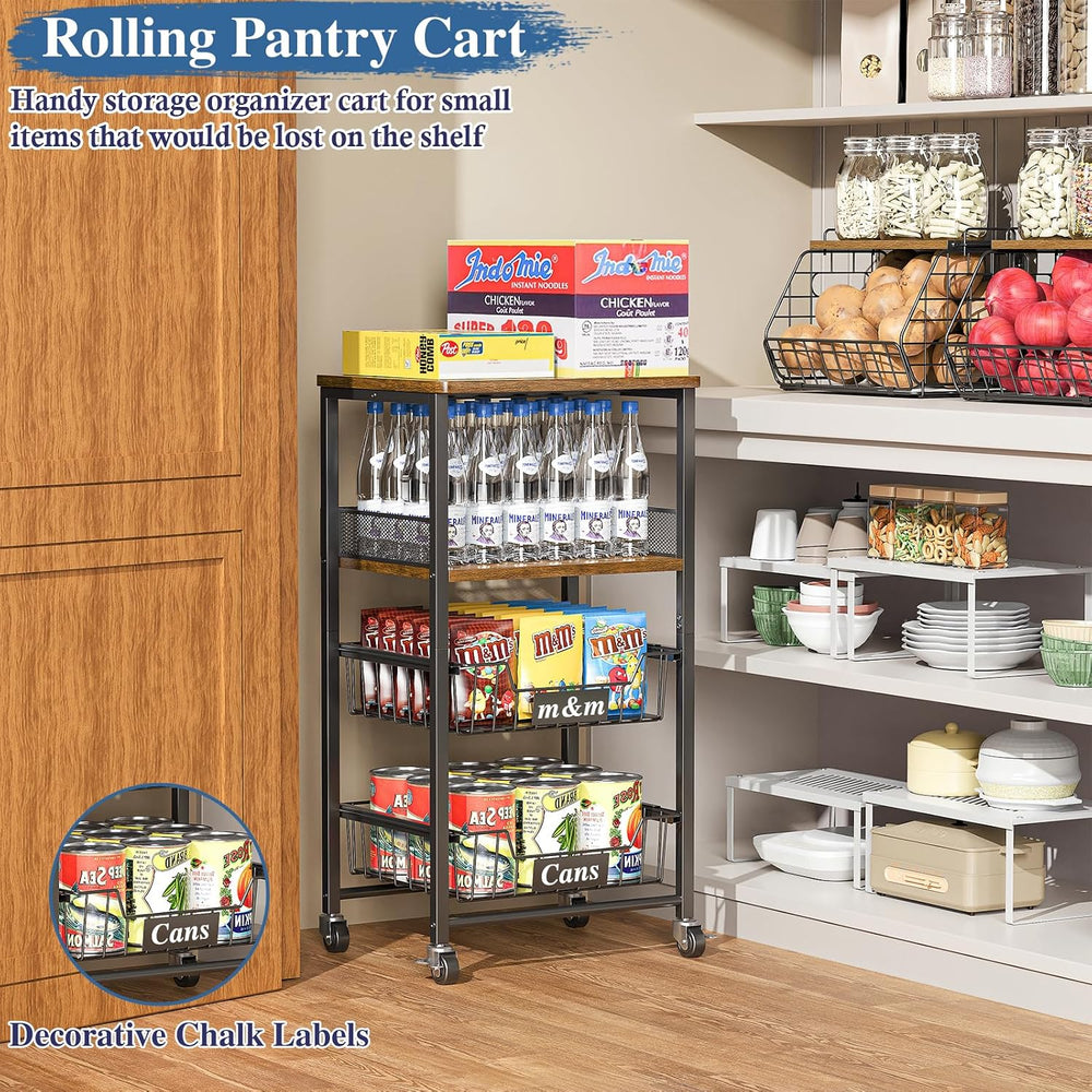 OKZEST 4-Tier Rolling Storage Cart with Upgraded Drawer Basket & Wood Shelf
