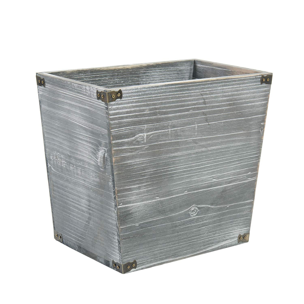 Grey Farmhouse Style Torched Wood Trash Can Waste Bin with Decorative Metal B...