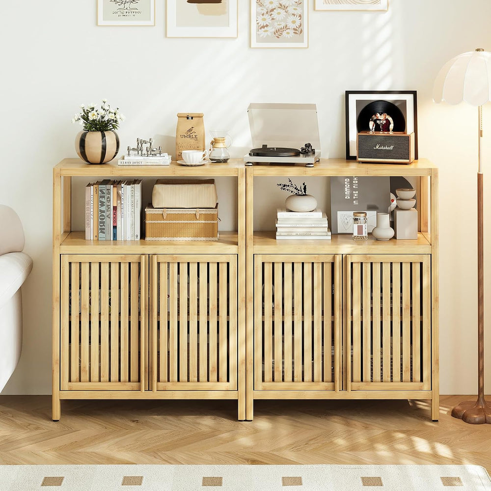 Bamboo Bathroom Storage Cabinet Furniture, Bathroom Floor Cabinet with 2 Shut...