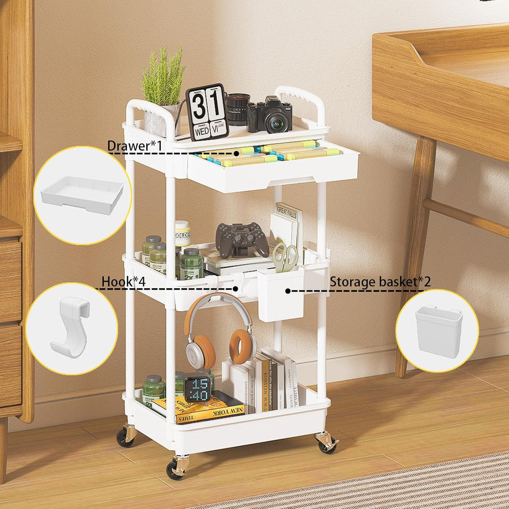 3 Tier Rolling Utility Cart with Drawer, Plastic Storage Organizer Rolling Ca...