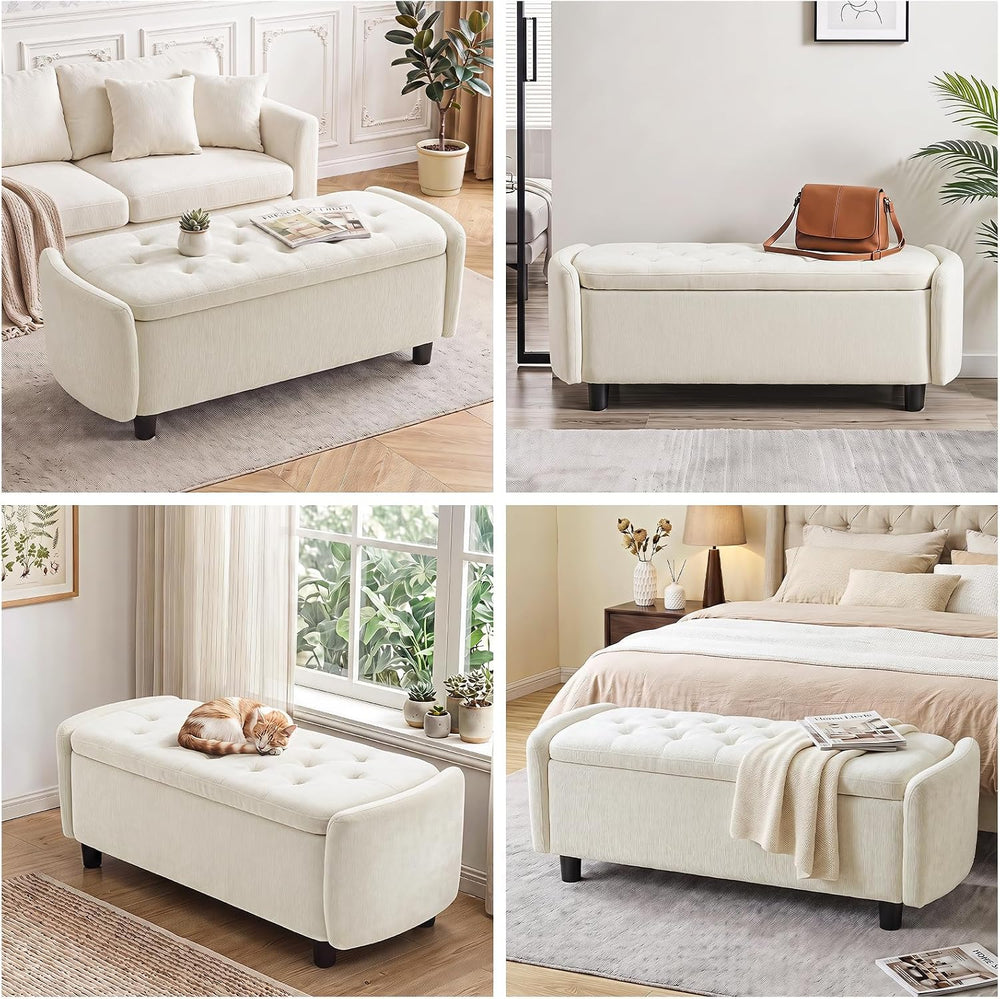 Furniliving 46.5‘’ Chenille Storage Bench, Button-Tufted Upholstered Storage ...