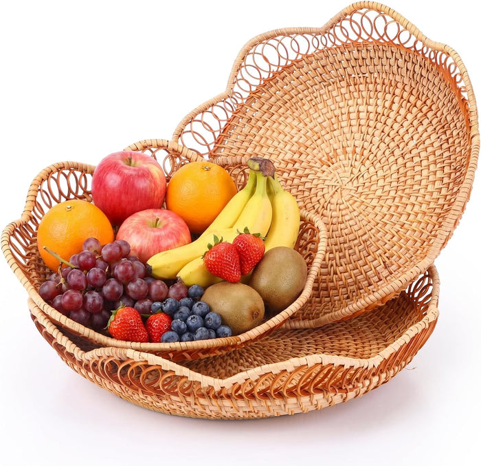 3 Pcs Rattan Bread Fruit Basket for Serving, Wicker Bread Tray Woven Round Fruit Bowl Natural Handmade Decorative Baskets for Kitchen Counter Table