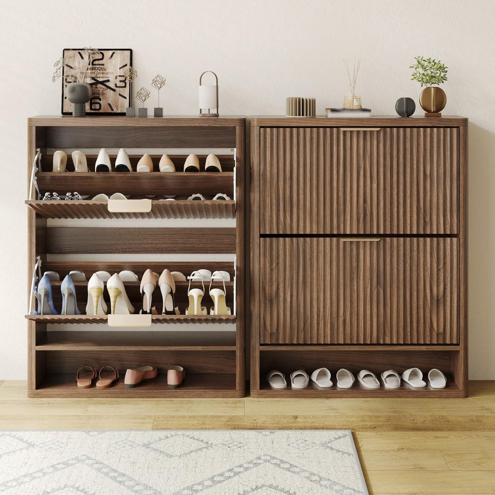 Fluted Shoe Cabinet Storage with 2 Flip Drawers, Narrow Shoe Storage Organize...