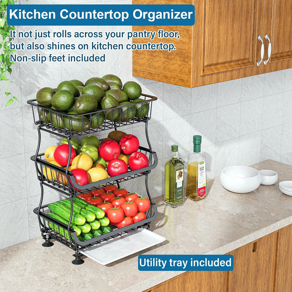 OKZEST 3-Tier Rolling Pantry Floor Organizers and Storage Cart with Wheels
