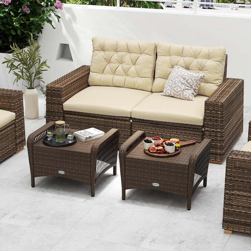 RELAX4LIFE 2-Piece Wicker Outdoor Ottoman - Rattan Footstools w/Removable Cus...