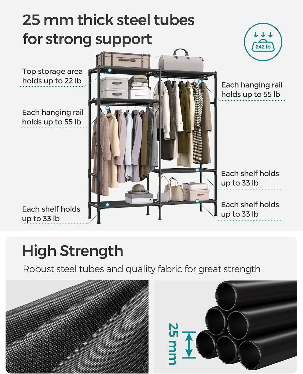 SONGMICS Heavy Duty Clothes Rack, 65 Inch Freestanding Portable Wardrobe with...