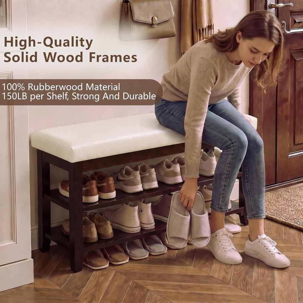 40" Solid Wood Shoe Storage Bench, 2 Tier Shoe Rack for Entryway, Beige
