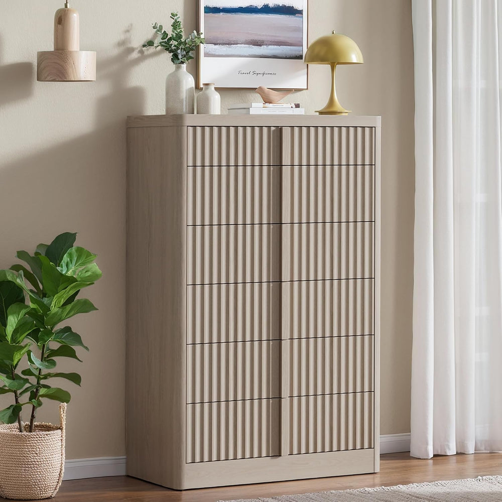 YANSNWO 48.6" Tall Fluted 6 Drawer Dresser for Bedroom, White Alder