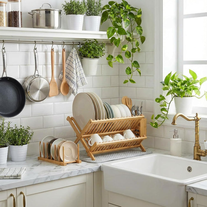 6 Pcs Plate Organizer Set for Cabinet 2 Tier Bamboo Collapsible Dish Rack with Utensil Holder Plate Holder and Mat for Kitchen Organizer Cabinet Pot Lid, Bowl, Cup, Chopsticks, Utensils