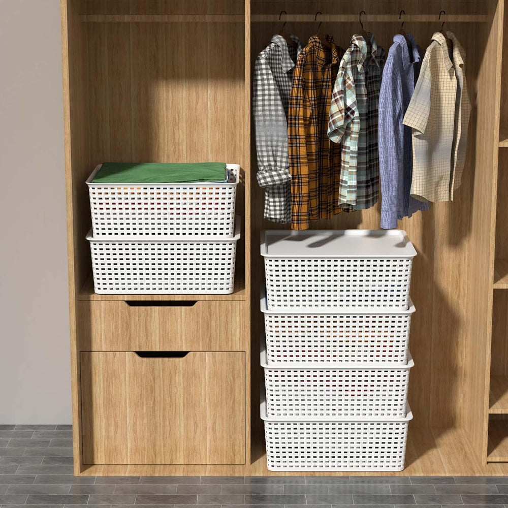 Plastic Storage Baskets with Lid, 6-Pack Organizer Bins, White