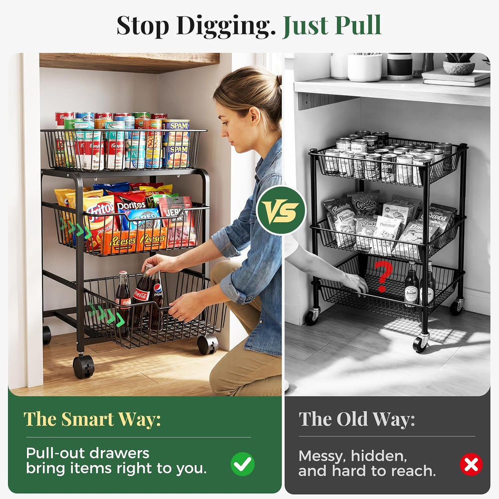 3-Tier Pull-Out Rolling Pantry Floor Organizer and Storage Cart with Wheels