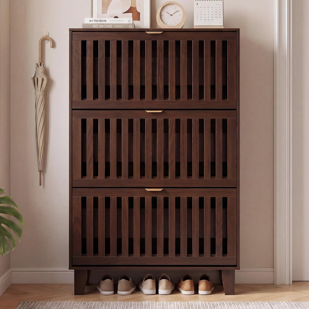 Shoe Cabinet with 3 Flip Drawers for Entryway, Walnut