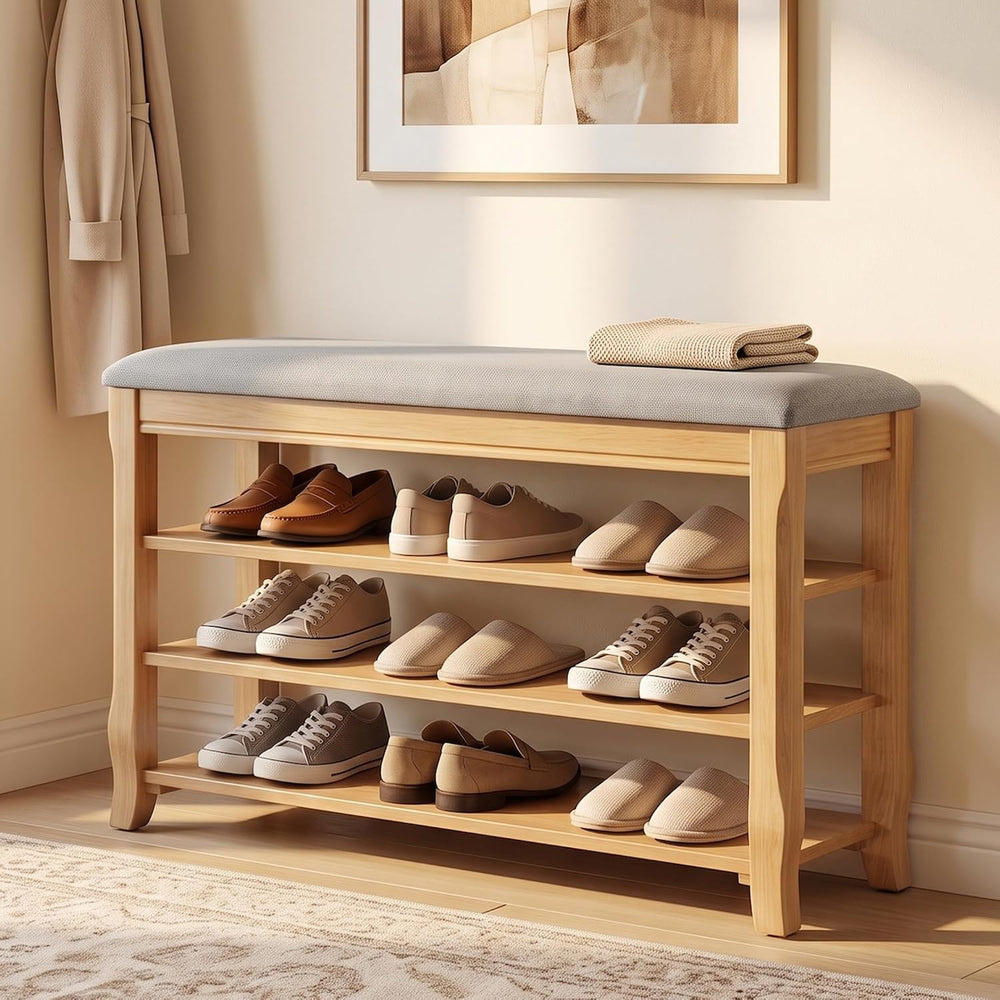 Solid Wood Shoe Bench, 31.5” Shoe Rack for Entryway Storage