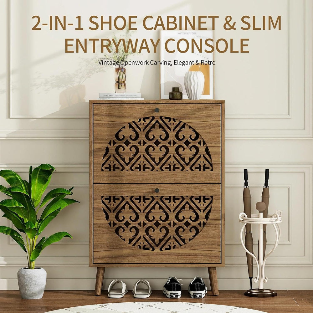 6.7"Ultra-Slim Concealed Shoe Storage Cabinet 2 Flip Drawers Walnut