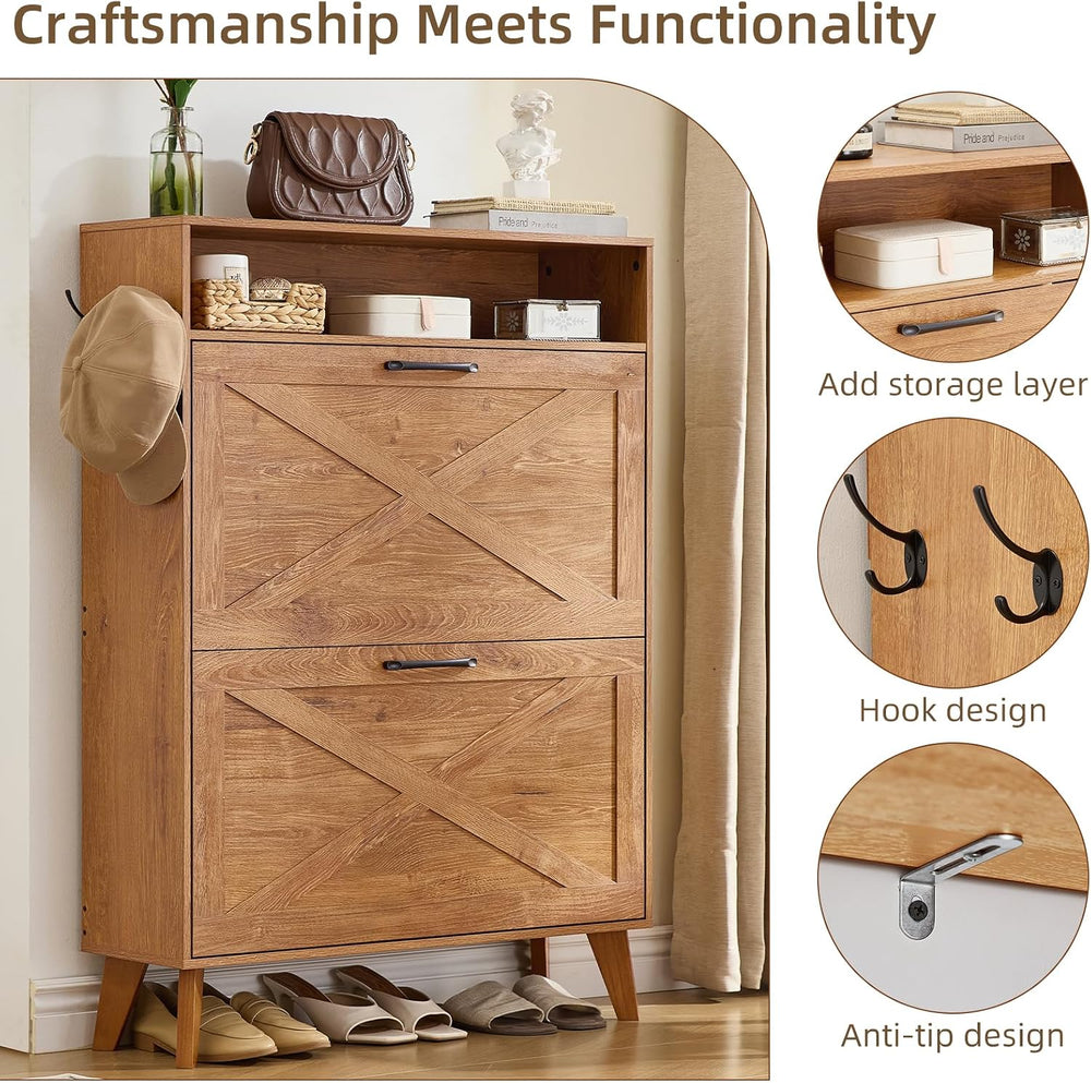 Joaxswe Narrow Shoe Cabinet with 2 Flip Drawers for Entryway,Tea Brown