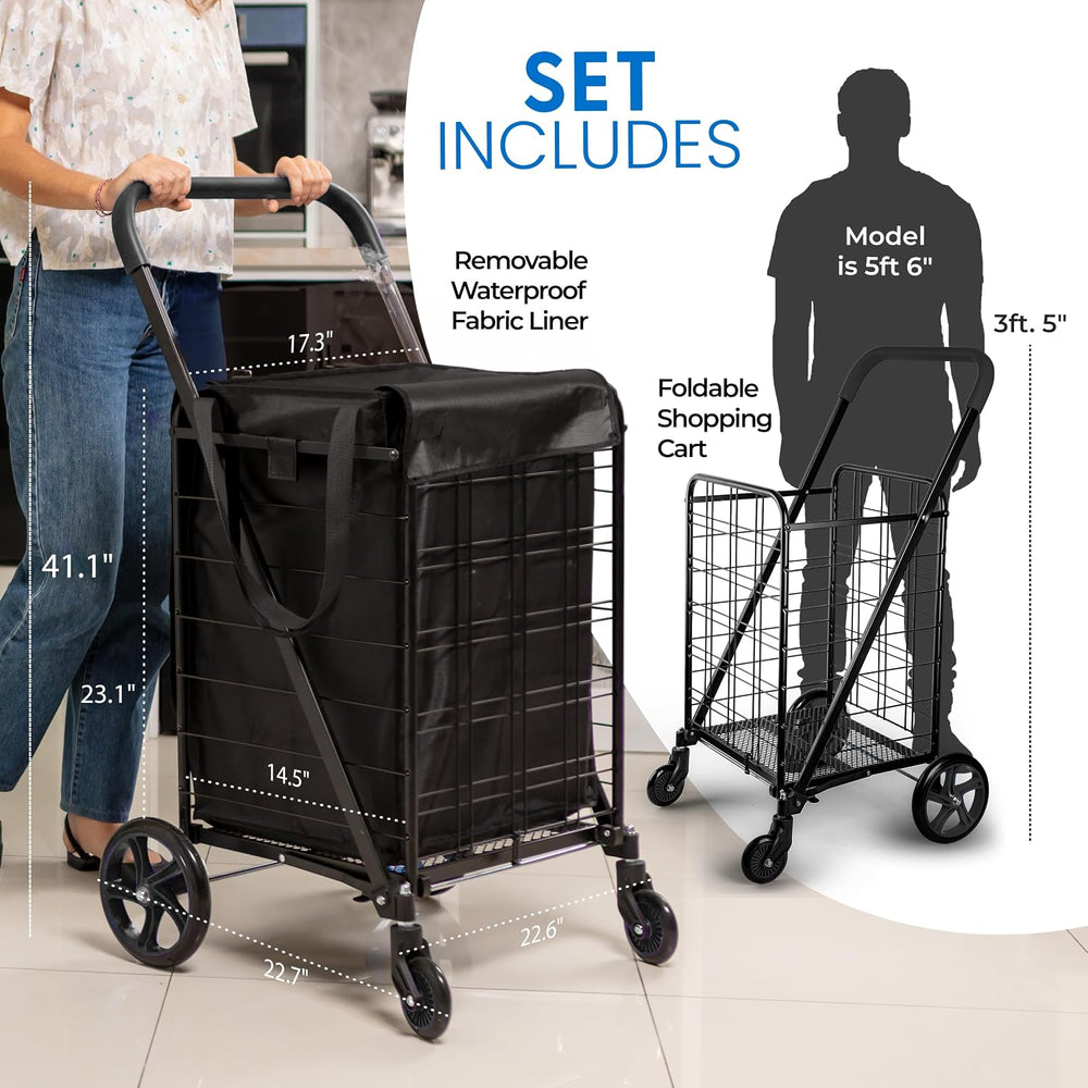 SereneLife Large Folding Utility Shopping Cart with Removable Liner – Heavy D...