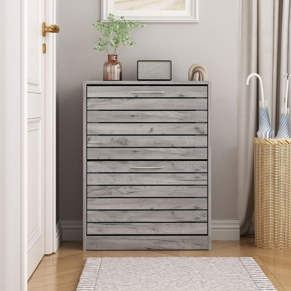Small Shoe Cabinet with 2 Flip Drawers, Louver Surface, Grey