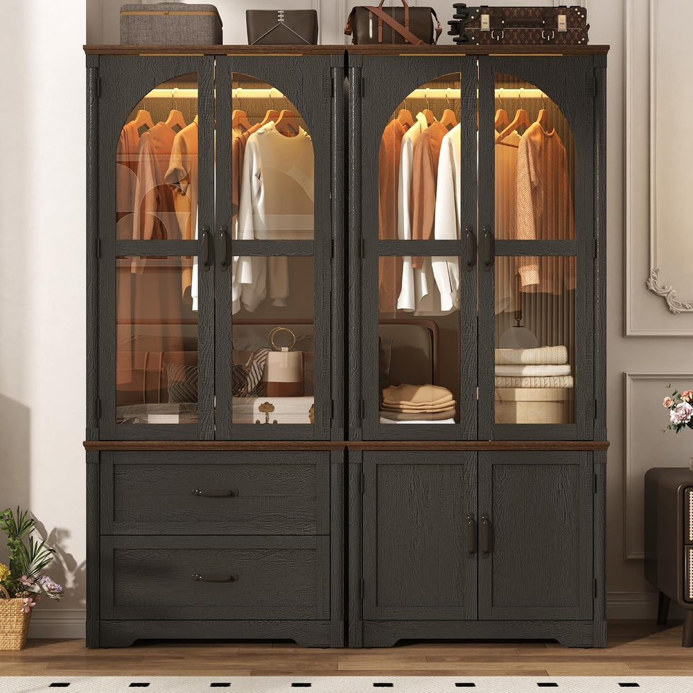 Tall Farmhouse 4 Doors Armoire Wardrobe Closet with LED ,72" Freestandin...