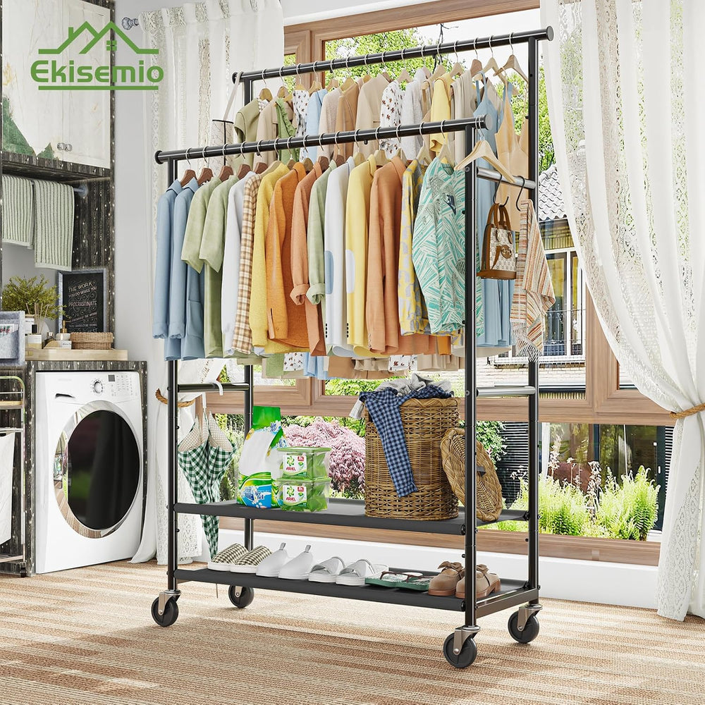 Ekisemio Double Rods Clothes Rack for Hanging Clothes, Rolling Clothing Rack ...