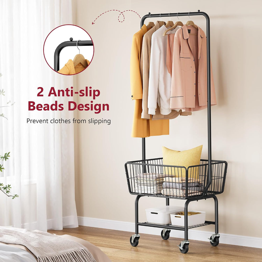 Tajsoon Rolling Laundry Cart with Hanging Rack & Laundry Basket, Black