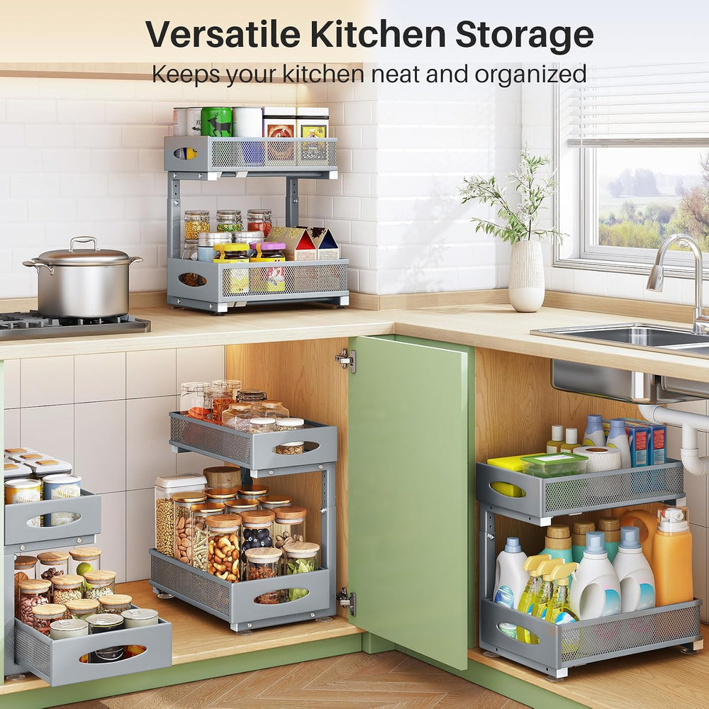 1 Pack Under Sink Organizer, 2 Tier Pull out Cabinet Organizer Mesh Baskets w...