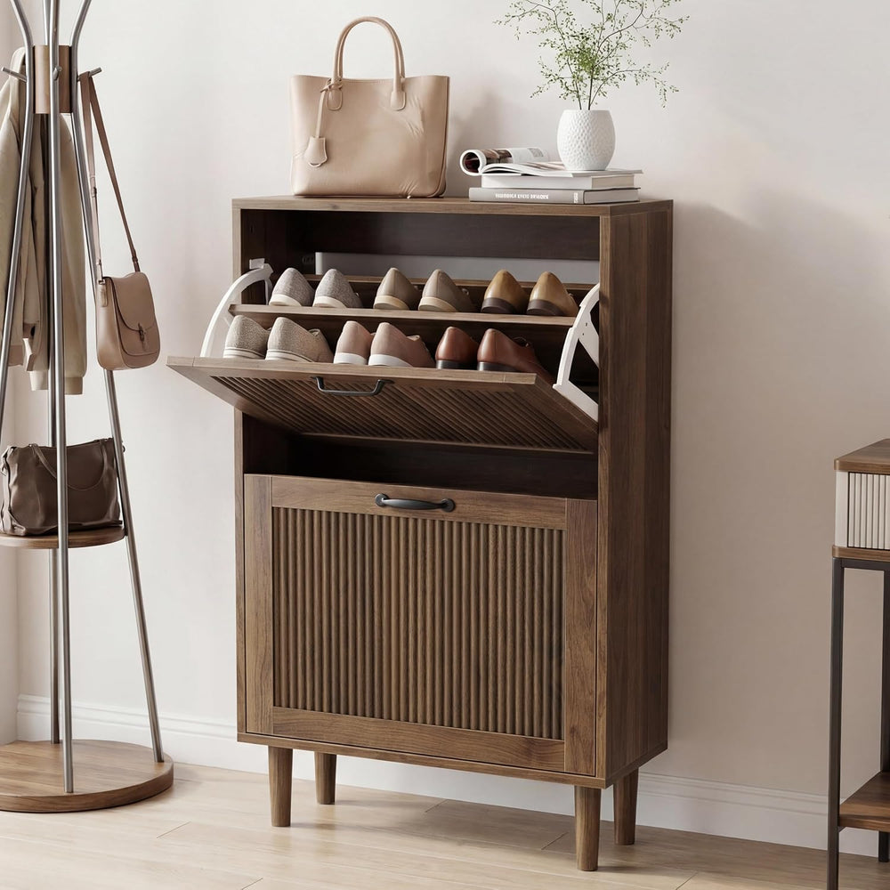 Smuxee Walnut Shoe Cabinet with 2 Flip Drawers, 23.6" Hidden Shoe Storag...