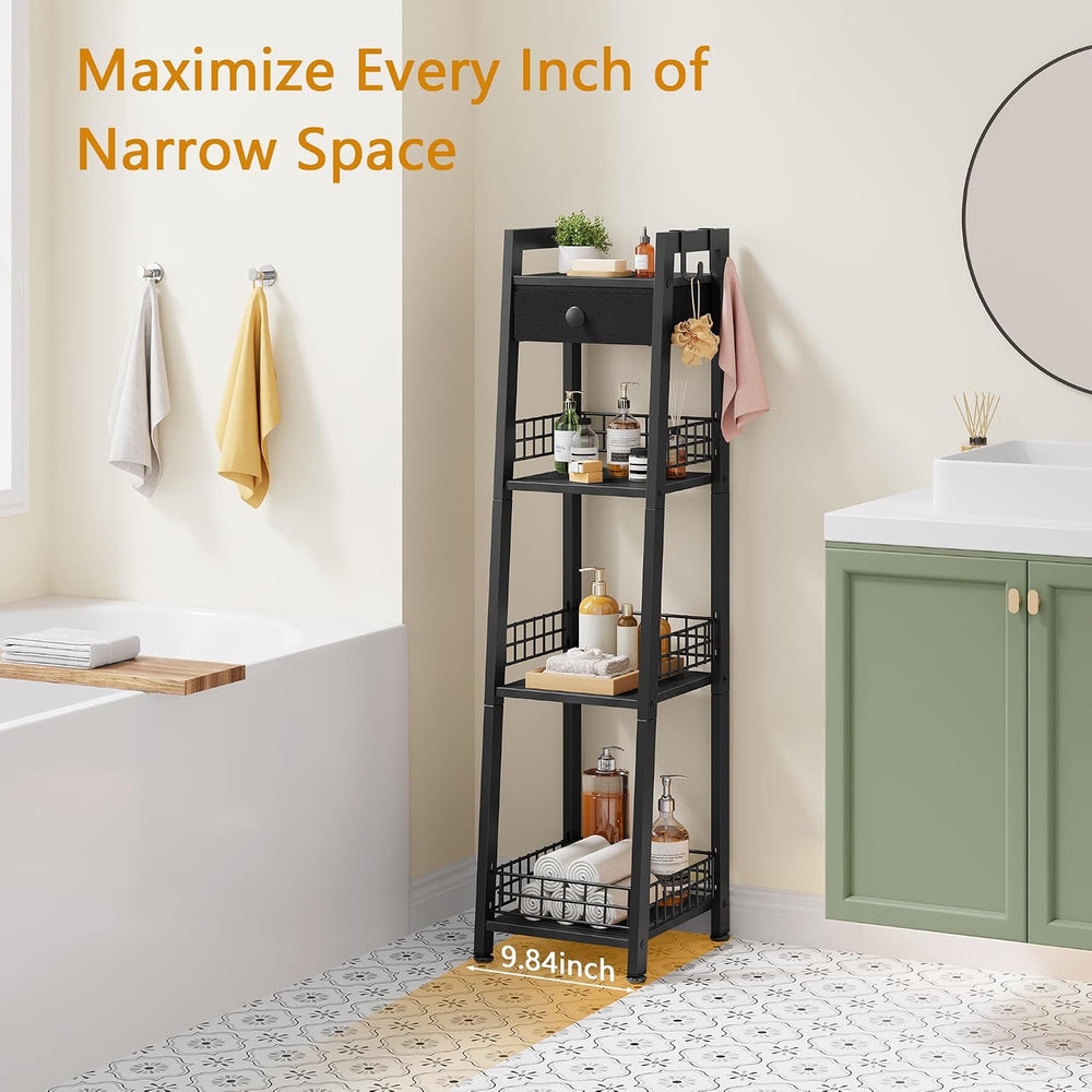 Gewudraw 4-Tier Narrow Bathroom Ladder Shelf with Storage Drawer, Black