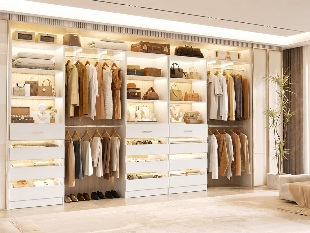 Aheaplus Closet System with 12 Drawers, 138.5" Custom Wood Closet Organizer