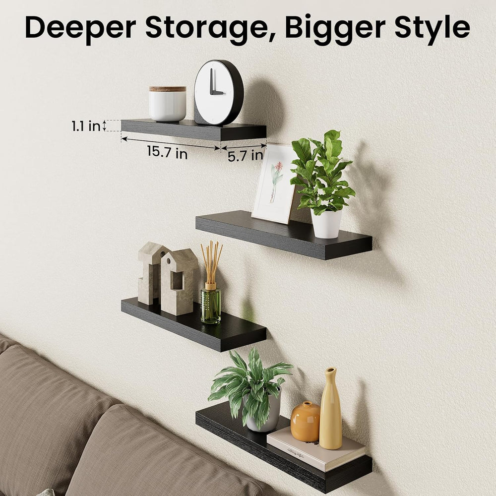 BAYKA Black Floating Shelves 15.7in, Set of 4, Wall Mount Rustic Wood Shelf