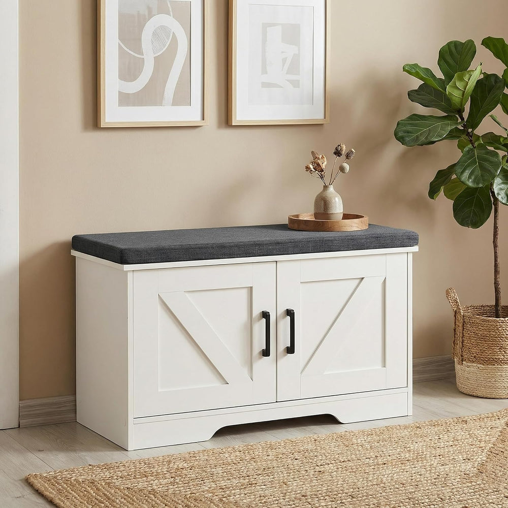 HOMSHO Farmhouse Shoe Storage Bench with 2 Barn Doors & Padded Seat Cushion