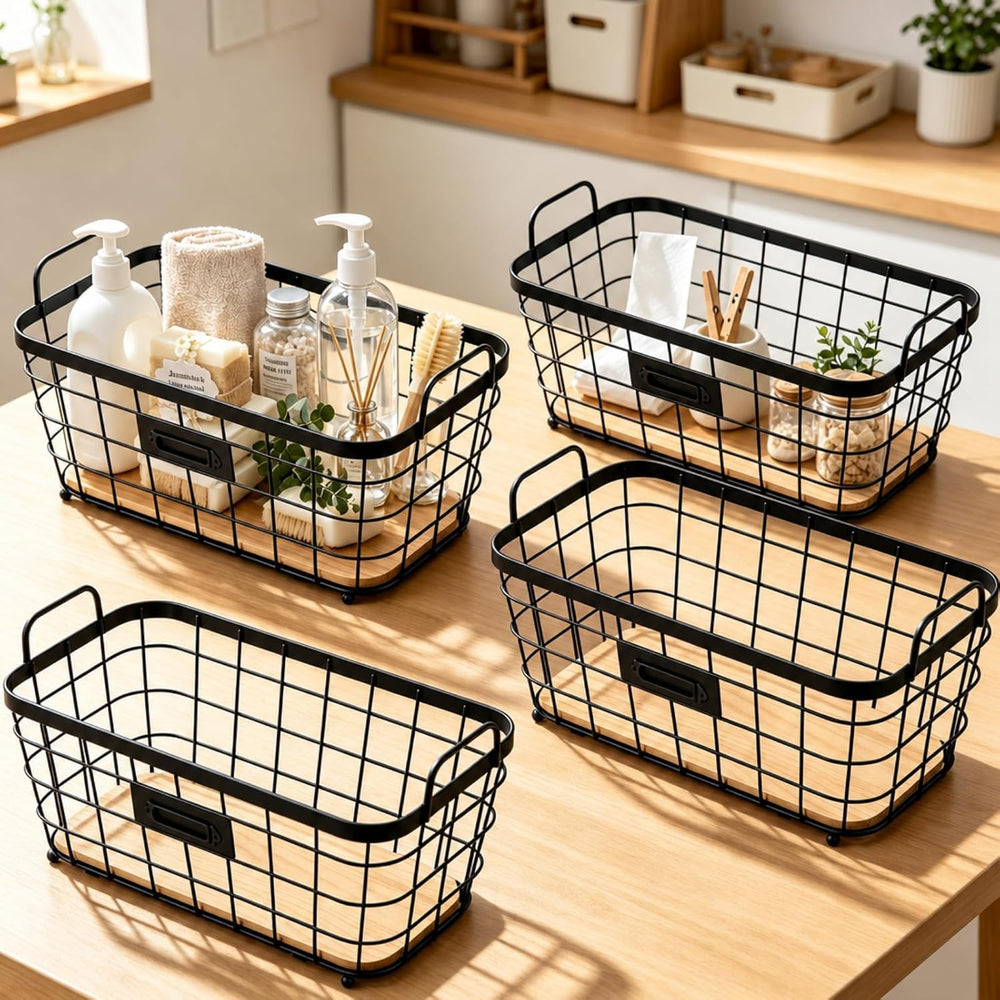 4 Pcs Black Metal Wire Storage Baskets with Wood Bottoms,Large
