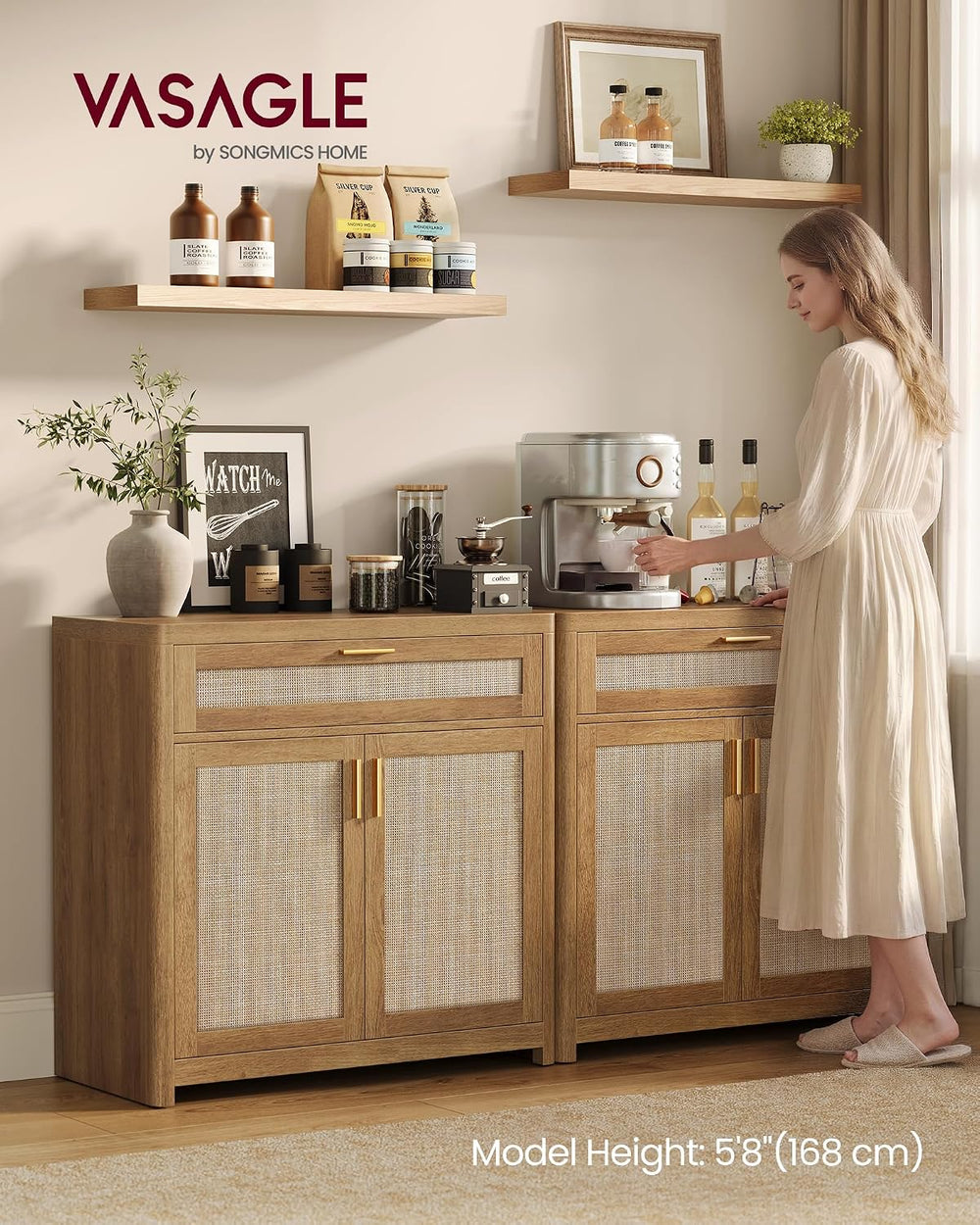 VASAGLE Boho Buffet Cabinet with Rattan-Look Doors, Adjustable Shelf