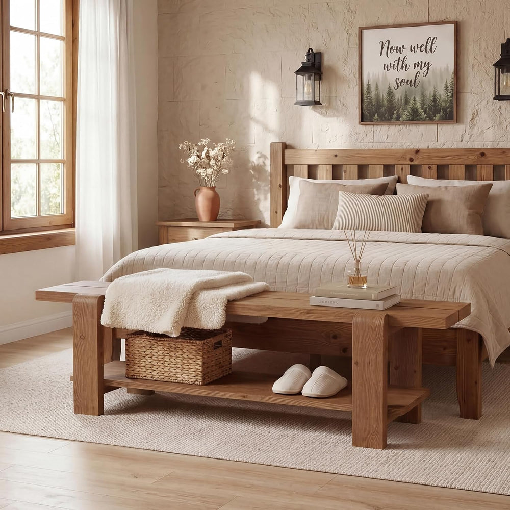 Solid Wood Entryway Bench with Shoe Storage Shelf, 63-Inch Long Farmhouse Ent...