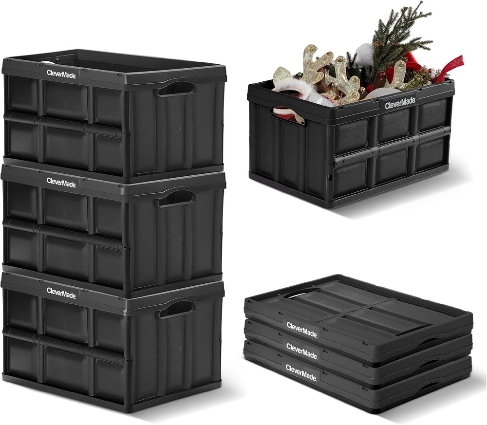 CleverMade Collapsible Storage Bins, 46L 3 Pack, 75 lb Stackable, Obsidian