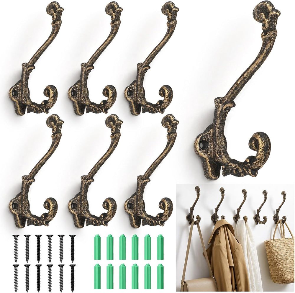 Chumia 6 Pack Rustic Wall Hooks Heavy Duty Cast Iron Brass Coat Hooks