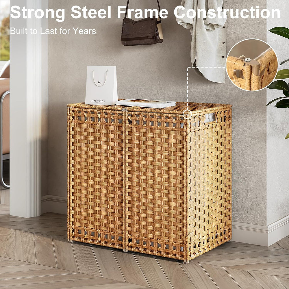 130L Foldable Laundry Hamper with Lid - Handwoven Rattan Storage Basket, 2-Se...