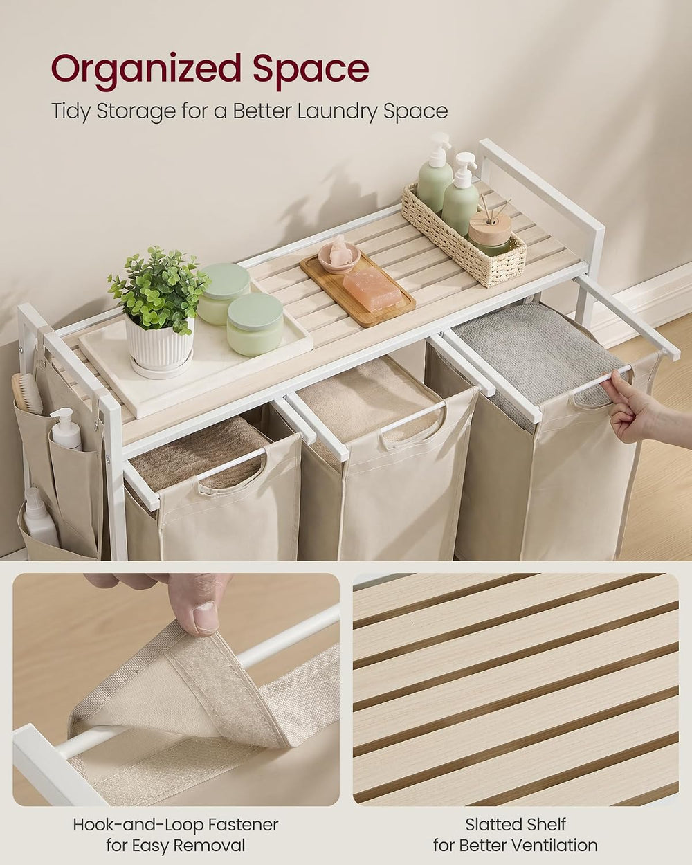 VASAGLE Laundry Hamper with Shelf, 3 Pull-Out Bags, 3 x 10.6 Gallons (40 L)