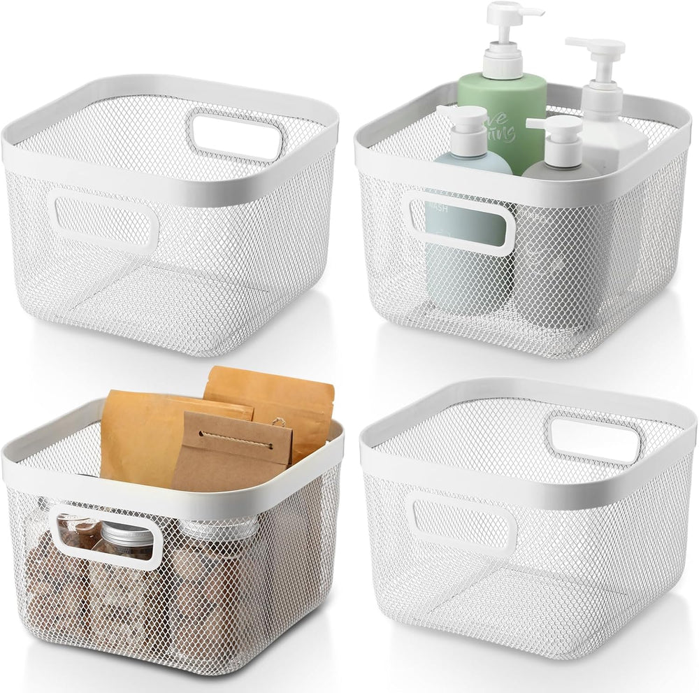MorningRo 4 Pack Metal Mesh Basket with Hollow Handles White Wire Storage Bin...