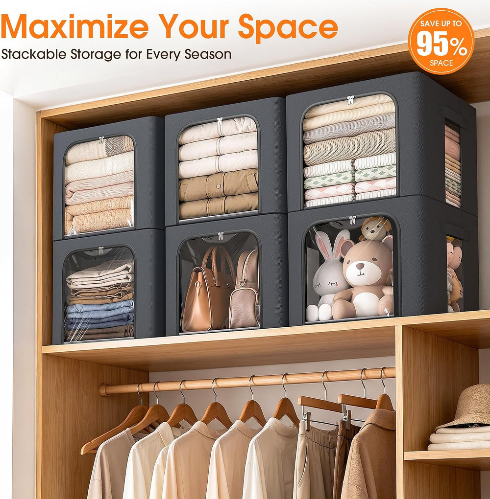 8 Pack Clothes Storage Bins with Metal Frame,Stackable Organizer Bins with Ha...