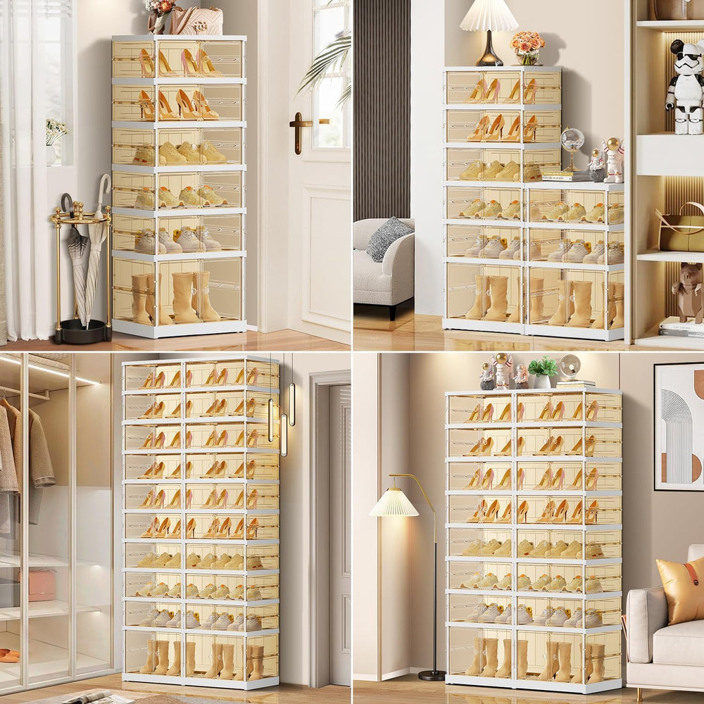 EHAMILY 8-Tier Foldable Shoe Rack Organizer with Doors, 16 Pairs, White