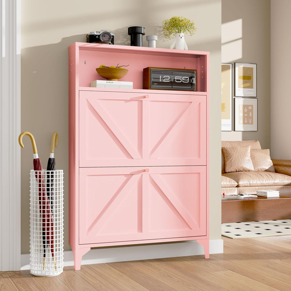 Shoe Cabinet with 2 Flip Drawers and Open Top Space-Metal Narrow Shoe Rack fo...