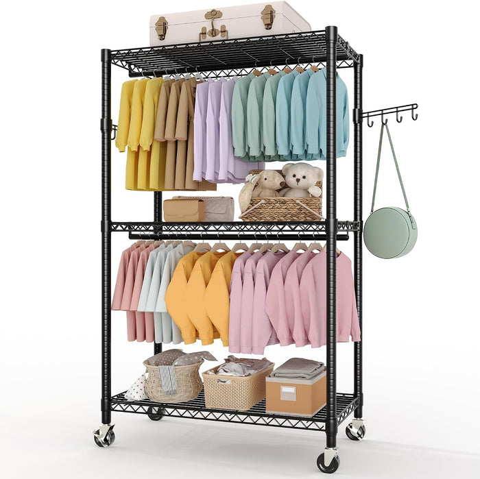 Garvee 3 Tier Clothes Rack with Wheels, Adjustable Shelves & 2 Hanging Rod, Heavy Duty Clothing Rack Closet Organizer Freestanding Wardrobe for Hanging Clothes, 79.7" H x 45.2" W x 15.8" D, Black