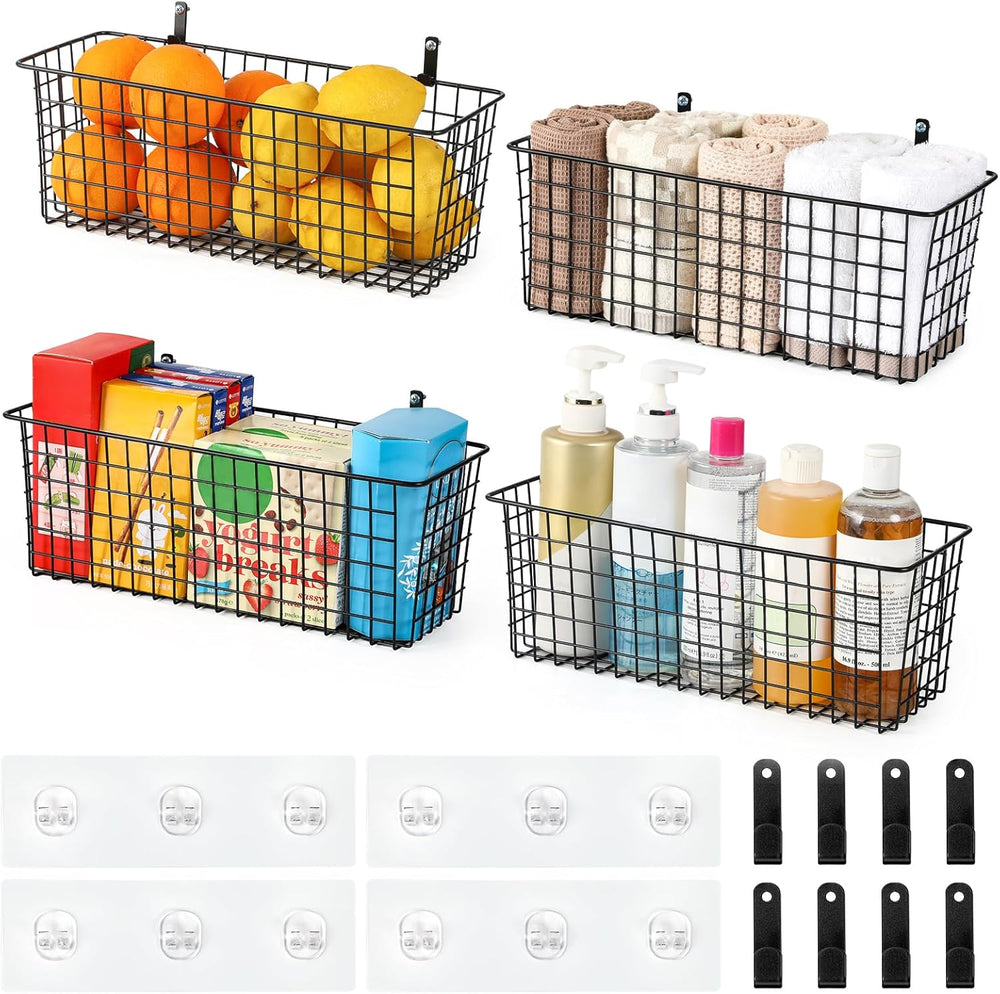 4 Set [EXTRA LARGE] Hanging Wall Mount Storage Baskets with Adhesive Hooks &a...