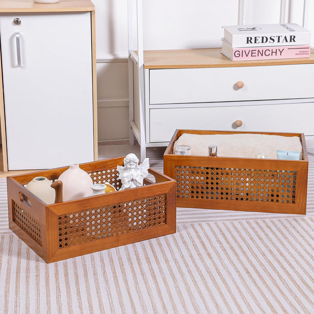 Rattan Wooden Box Set of 2 Handmade Decorative Storage Basket with Handles