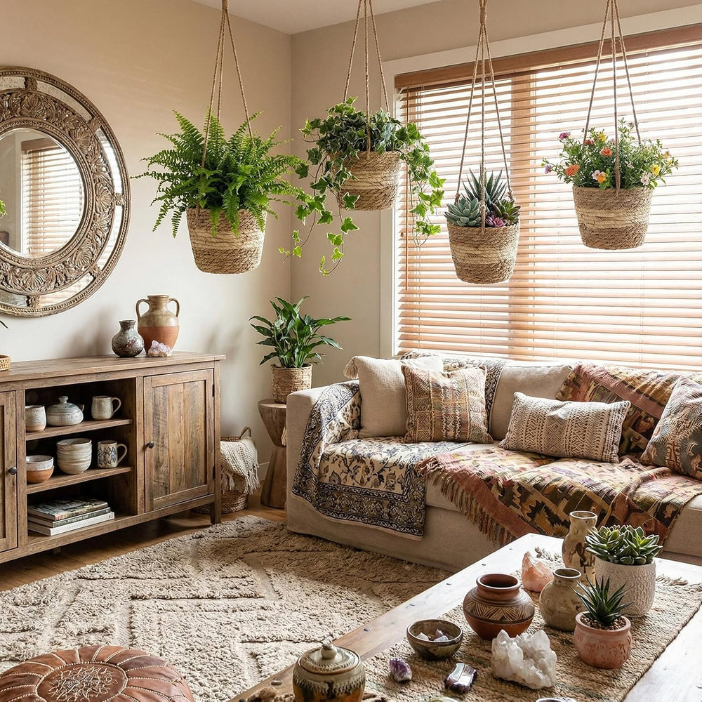 6 Pcs Seagrass Hanging Planter Basket, Small, Beige